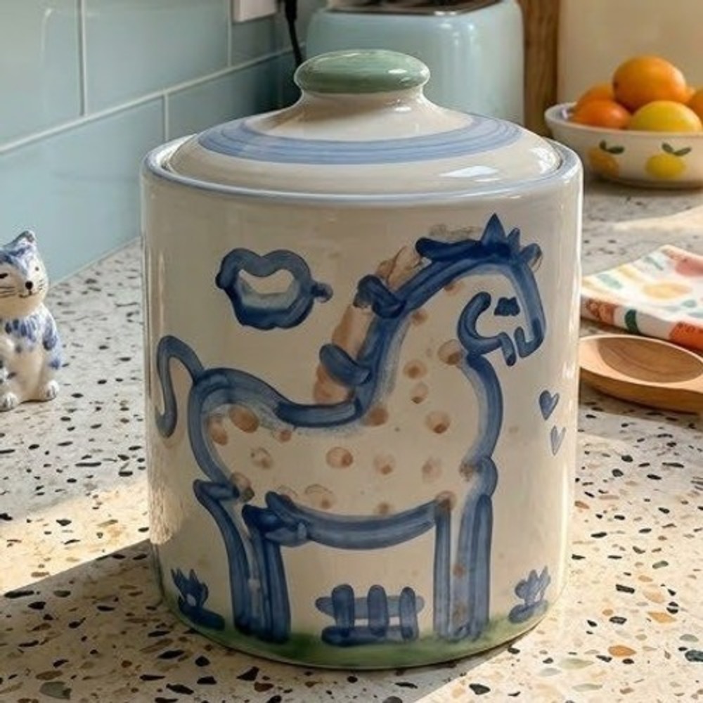 MA Hadley Vintage Pottery Blue Horse Canister Lid Hand Painted Cottagecore